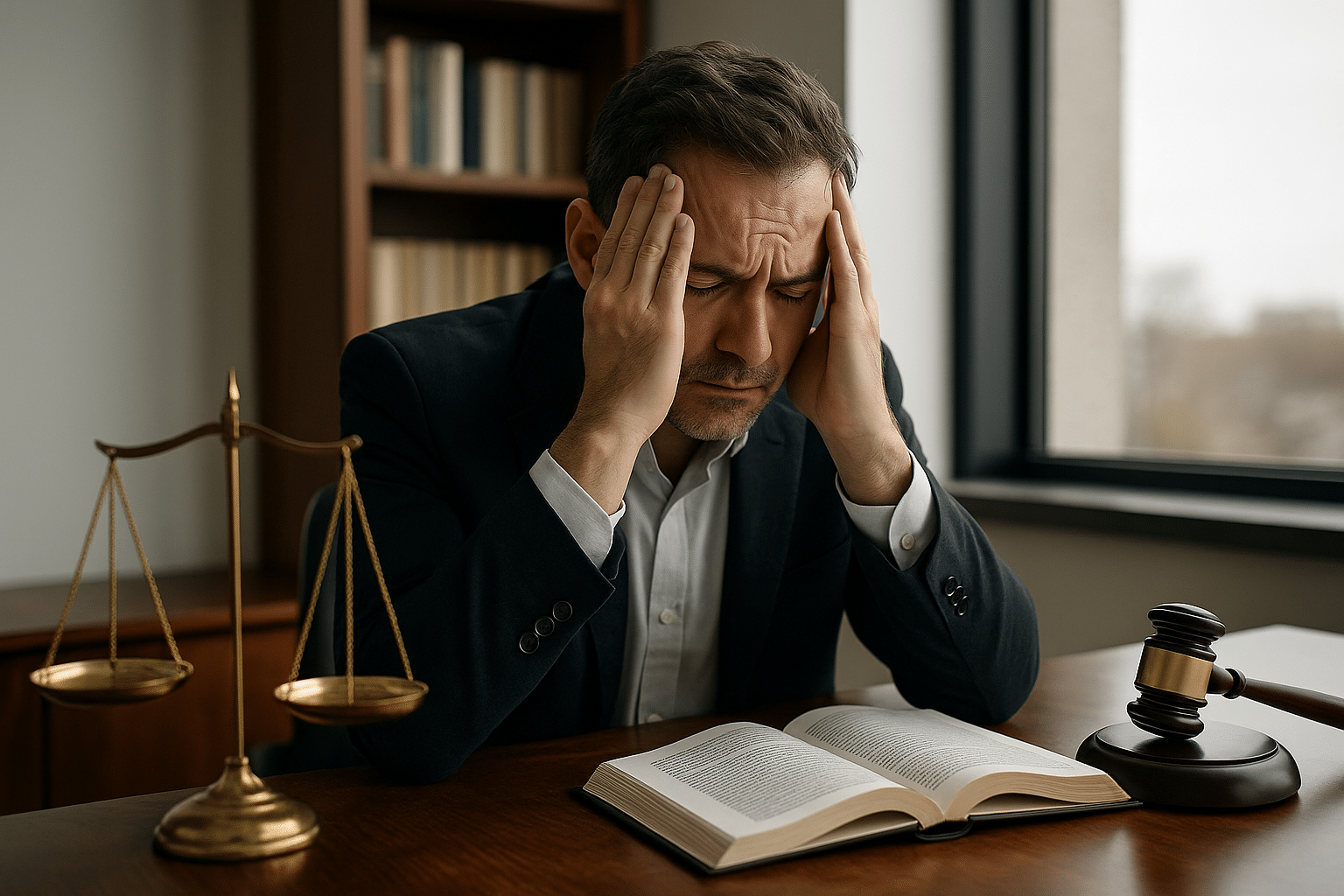 Hombre preocupado en un despacho jurídico con balanza y mazo de juez sobre el escritorio | Bucio Abogados