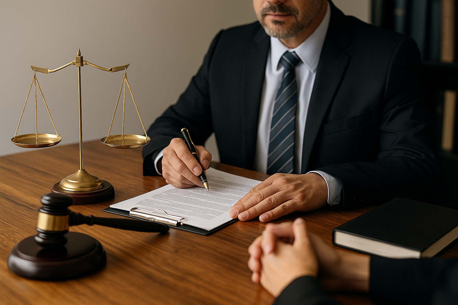 Abogado revisando documentos legales junto a una balanza y un mazo en una oficina profesional | Bucio Abogados